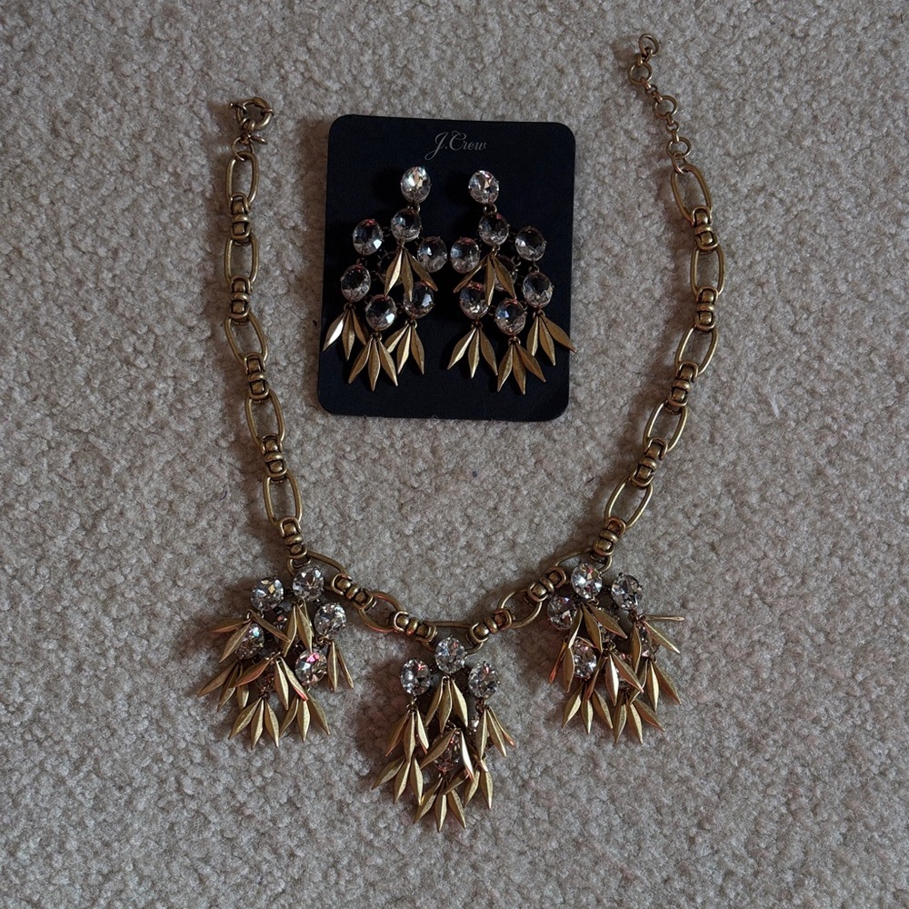 J. Crew Gold Necklace And Earrings with Crystal Accents